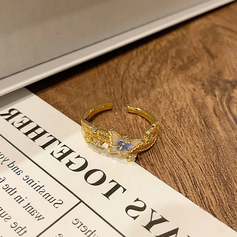 Chinese butterfly design women's copper ring with dripping oil treatment finish