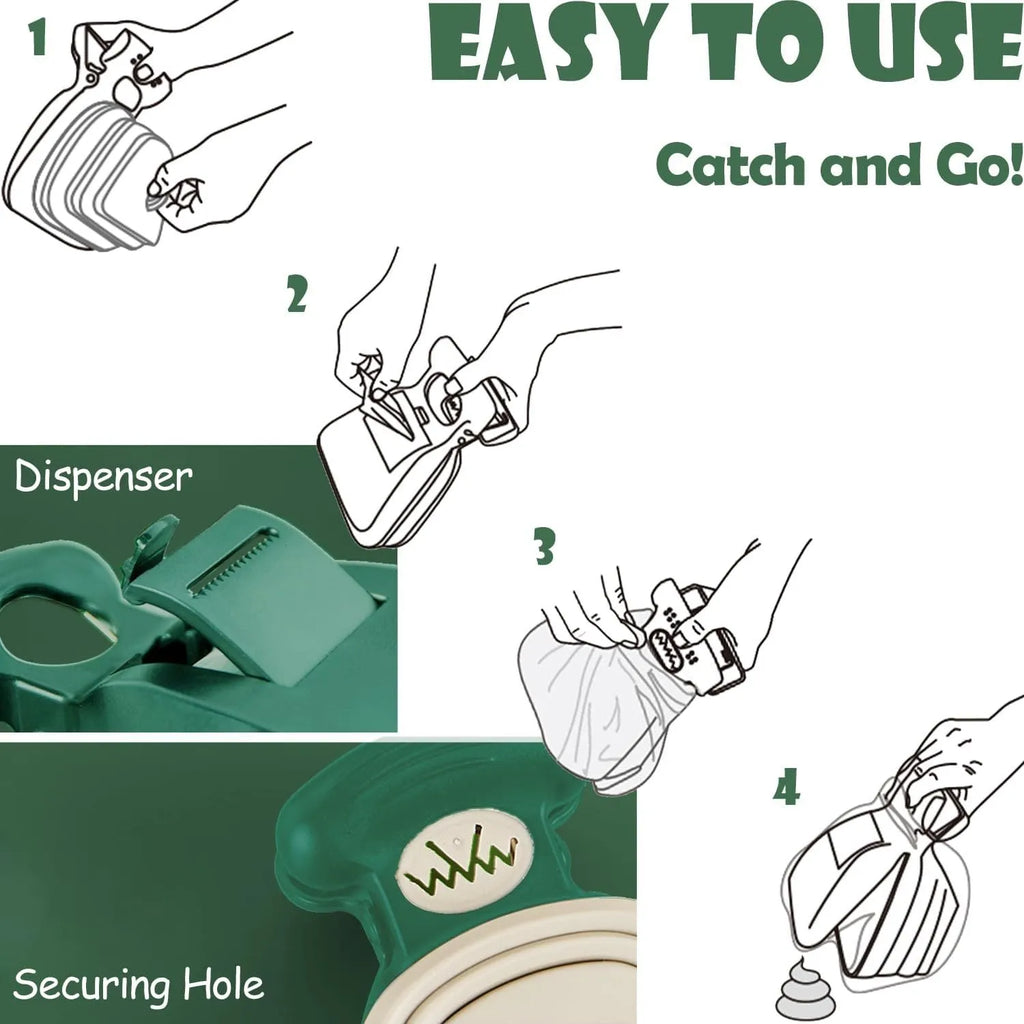 Blue portable dog pooper scooper with carabiner clip, expanded waste container, and bag dispenser.