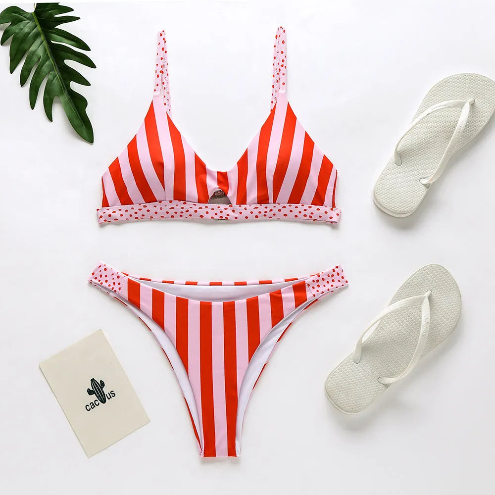 Women's patterned bikini swimsuit set in black and white dots or red and white stripes.