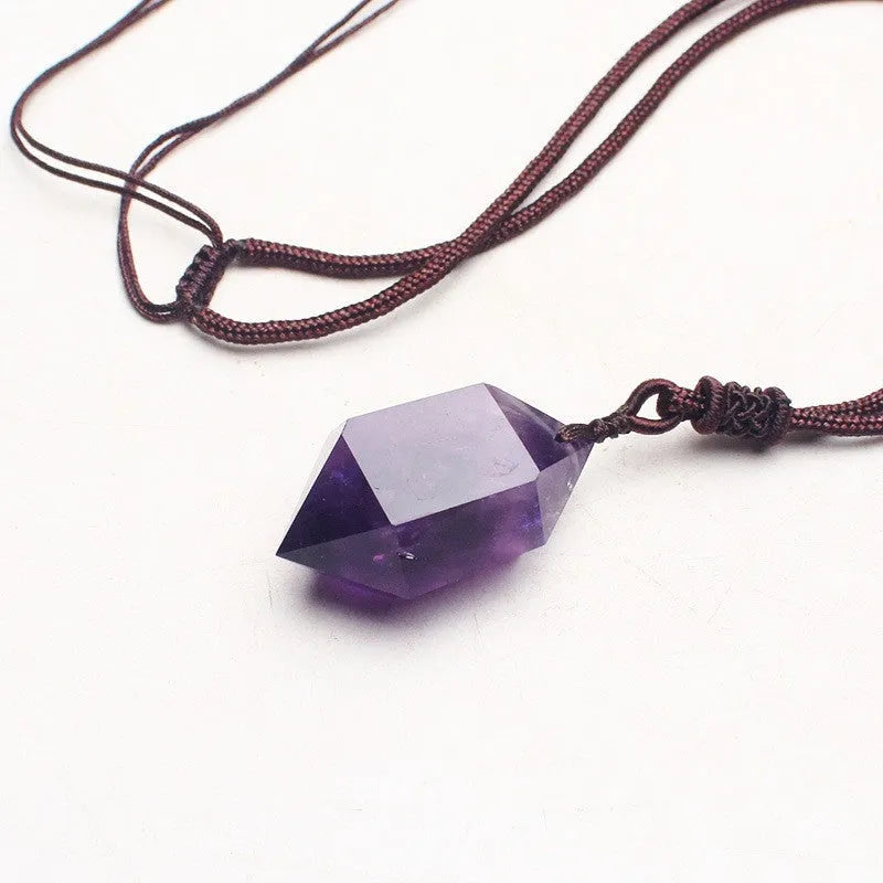 Natural amethyst hexagonal pendant in purple with geometric Korean style, shown as a crystal jewellery piece.