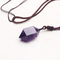 Natural amethyst hexagonal pendant in purple with geometric Korean style, shown as a crystal jewellery piece.