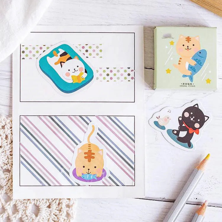 Boxed cartoon cat sticker set with 45 pieces, Cat set colour option, box size 44 x 44 x 11 mm.
