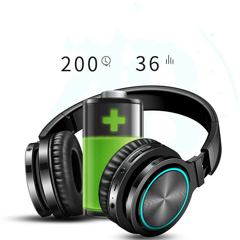 Black folding wireless headset with Bluetooth 5.0 showing compact folded position