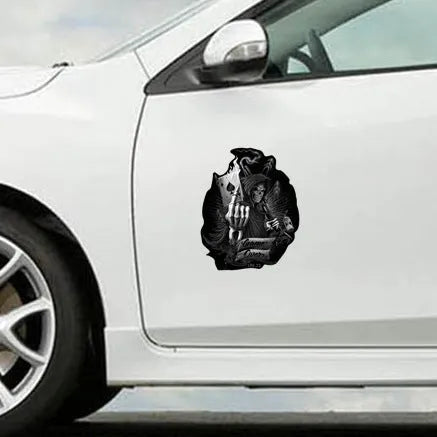 Black reflective skull spades playing card car sticker on vehicle body