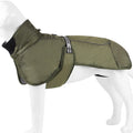 Dog wearing thickened warm reflective cloak-style vest in polyester, available in multiple sizes