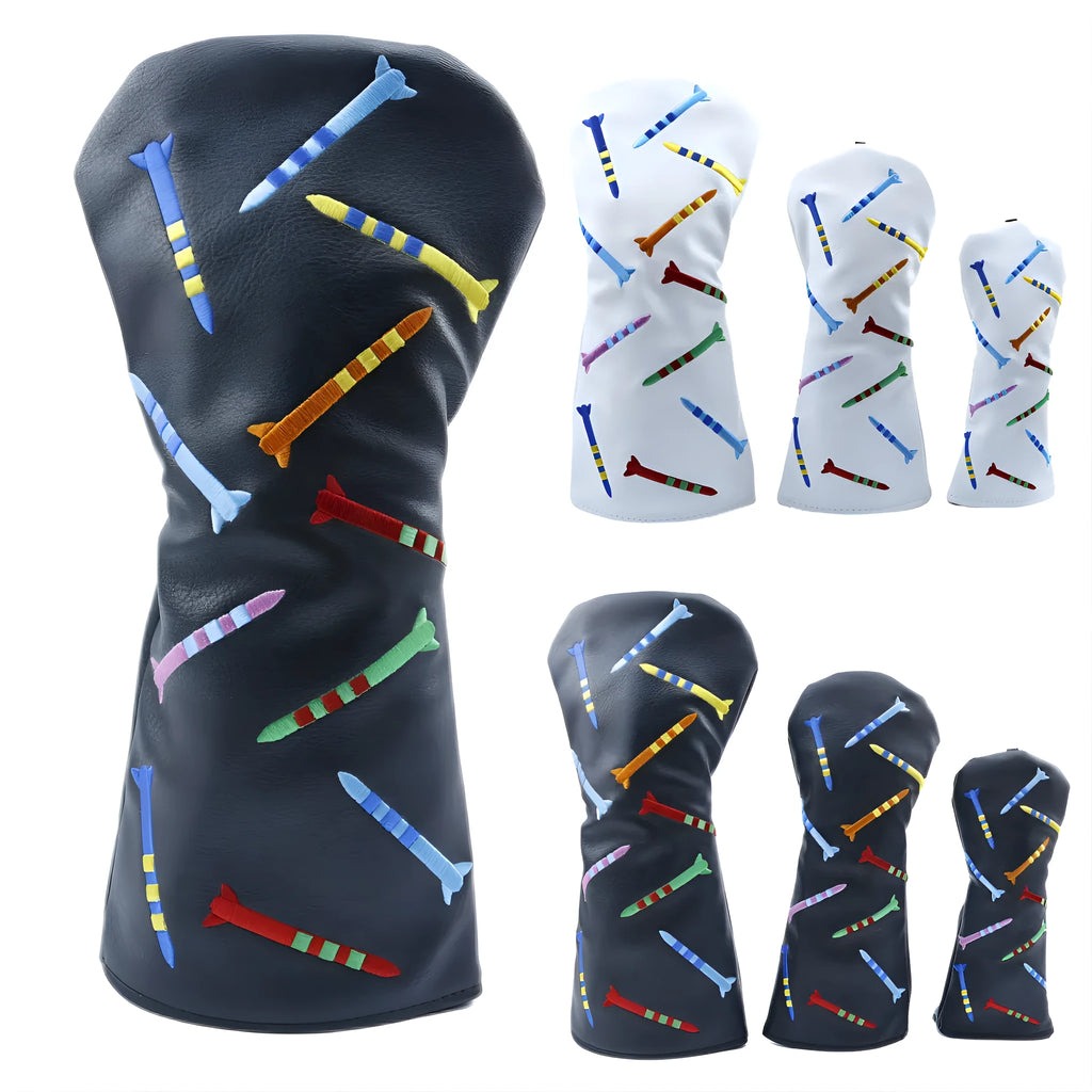 Golf wooden pole sets in black and white colours showing large, medium, and small size options