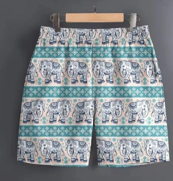 Men's polyester casual shorts in camouflage pattern on a size chart background.