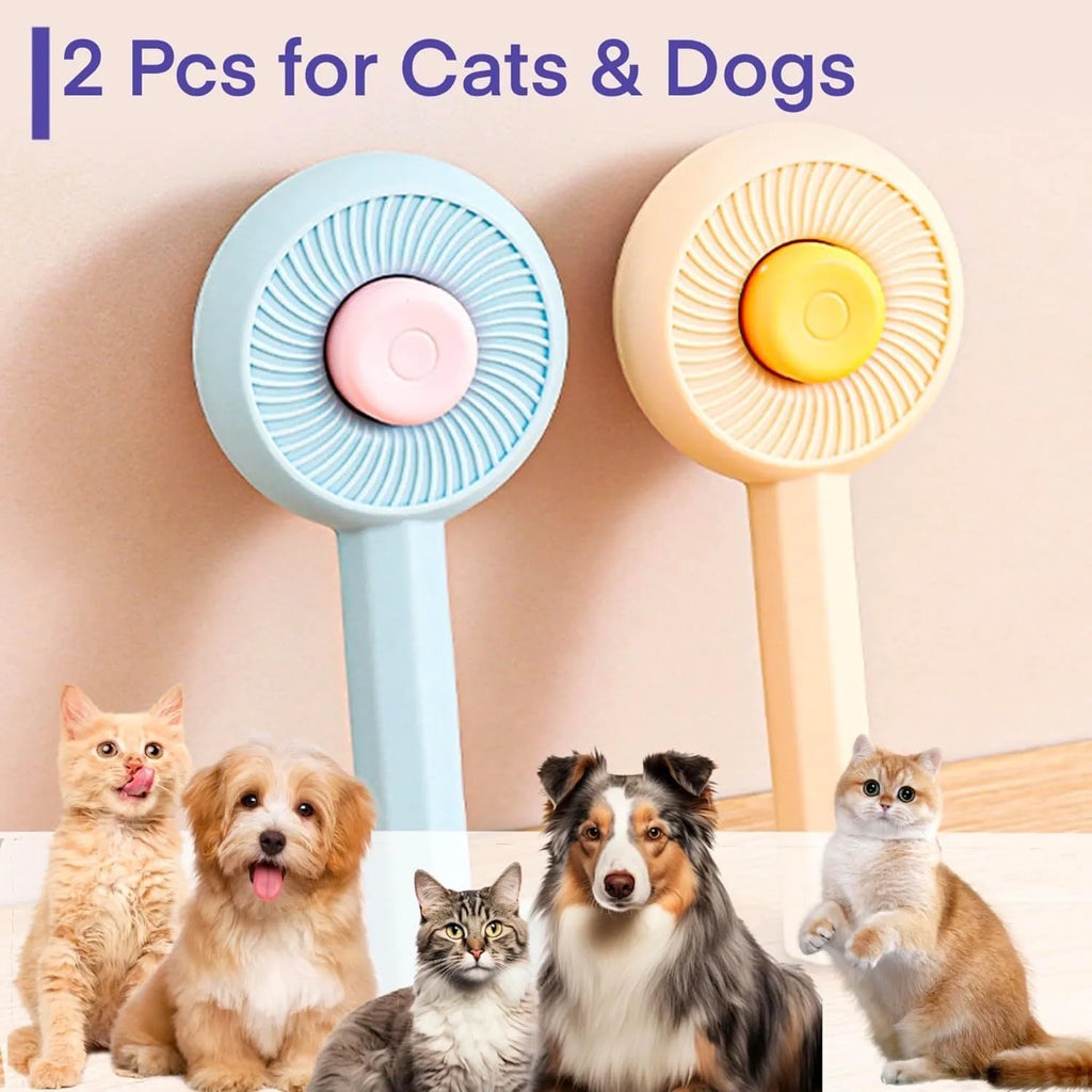 Blue and yellow pet grooming brush with angled bristles and self-cleaning button