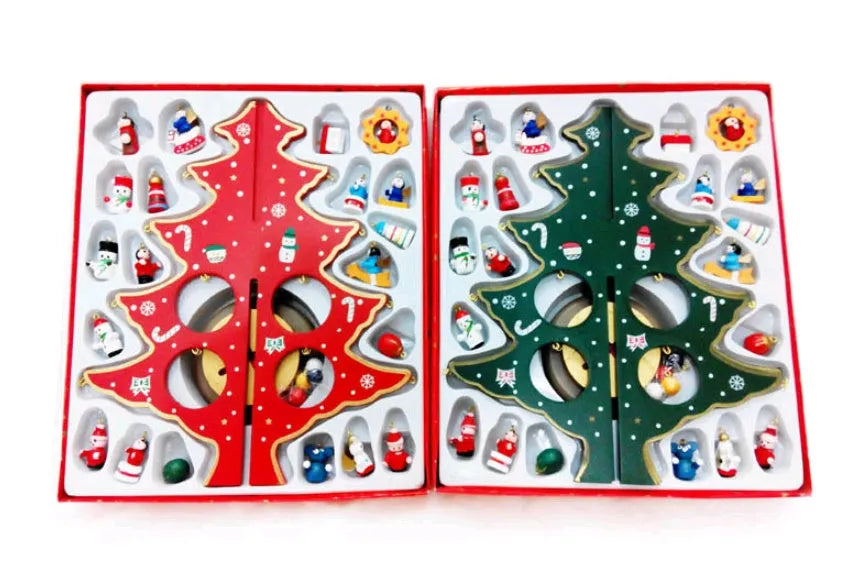 Hand-painted red wooden Christmas tree decoration approximately 36cm tall on a desktop