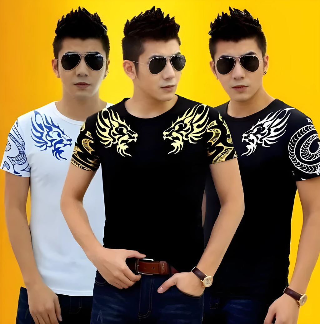 Dragon Man short-sleeve t-shirt with letter print, round neck, and straight fit, shown in available colours.