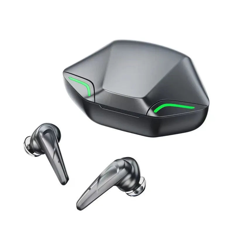 Wireless Bluetooth gaming headset with charging case and four coloured silicone ear tips.