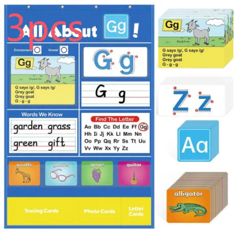 Alphabet learning chart with word cards, letter cards, and picture cards displayed on a 60cm by 40cm sleeve table.