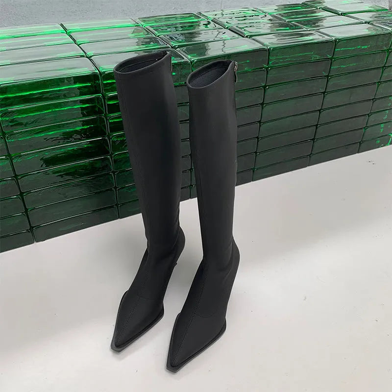 Black women's below-the-knee boots with pointed toe, stiletto heel, and a back zipper.
