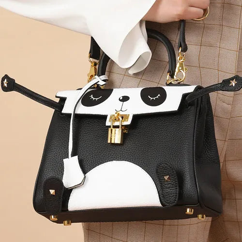 Panda print cow leather handbag with square shape in horizontal orientation