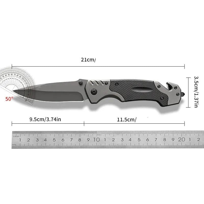 Alloy folding knife showing blade and handle with 60-degree tip angle