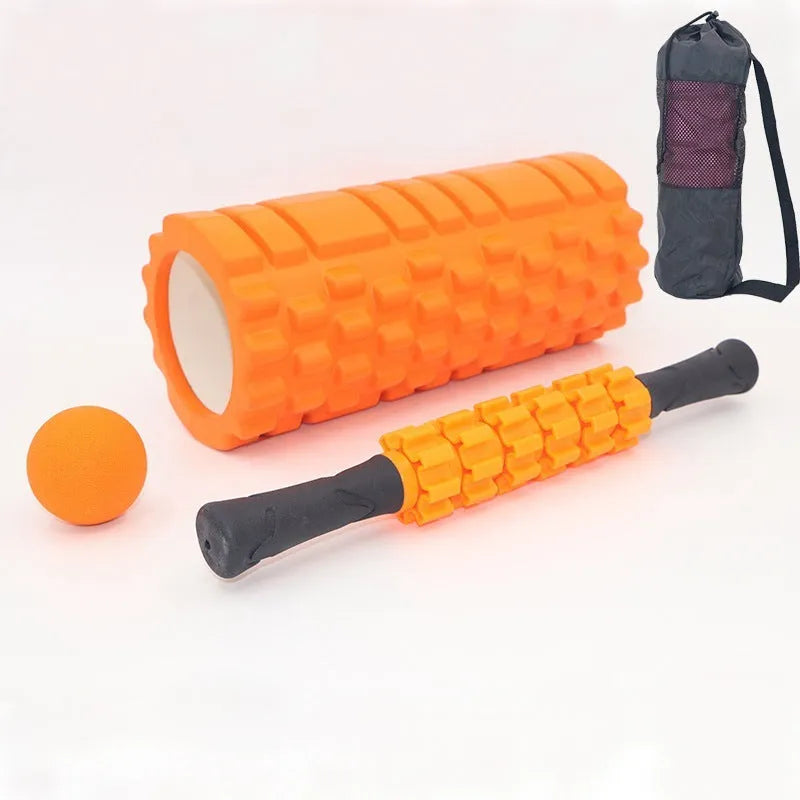 Black handheld foam massage roller stick with six gear pieces, 33cm long