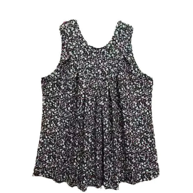 Plus size black floral print sleeveless vest with round neckline on a hanger.