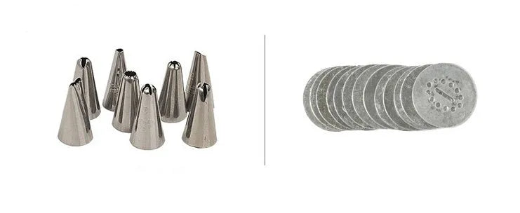 Stainless steel biscuit press gun with assorted cookie moulds and icing nozzles on a baking sheet.