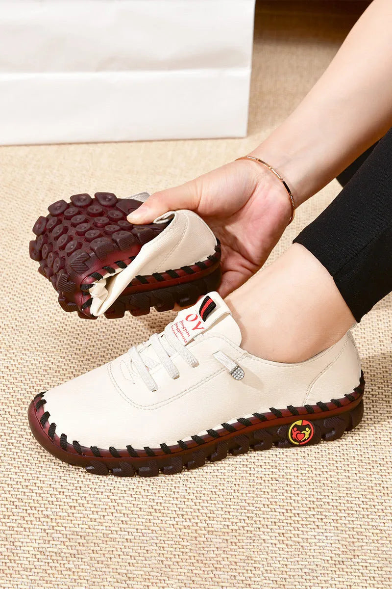 Women's leather handmade beef tendon soft sole shoes round toe middle heel 3-5cm microfiber upper