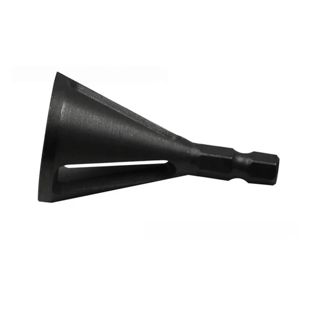Single high-speed steel deburring chamfering drill bit with hexagonal three-groove shank on neutral background