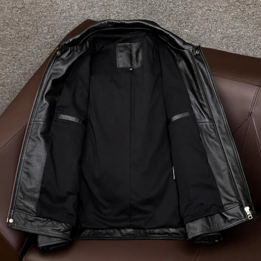 Men's black retro Kaji style PU leather jacket with side seam pockets and loose fit