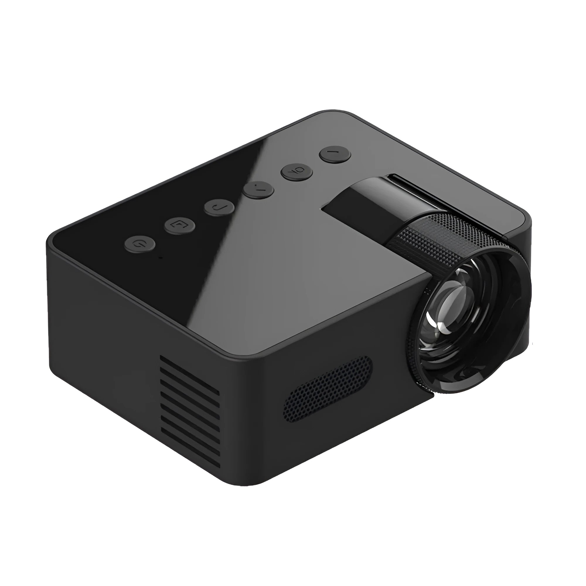 YT100 black mini portable projector on a desk with remote control and USB cable