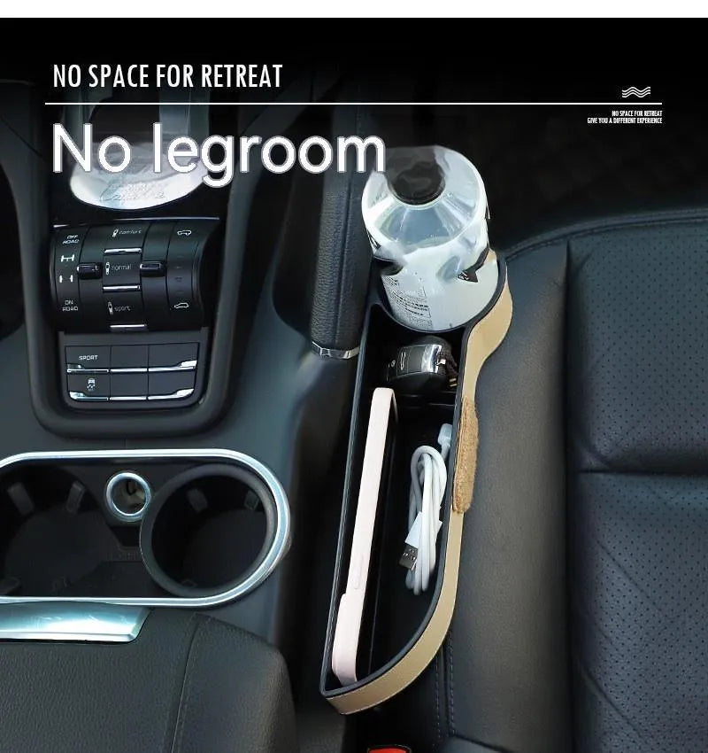 Leather car seat gap storage box with cartoon bear design, shown fitted next to a car seat.