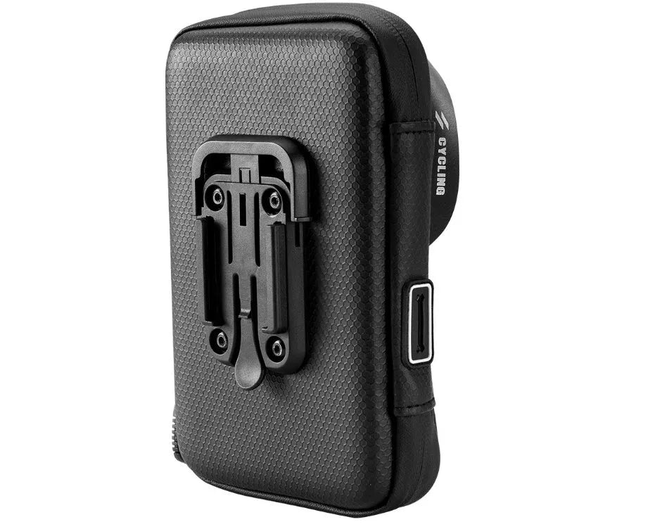 Black bicycle handlebar bag with transparent touch screen phone mount and rotating base mounted on a bike