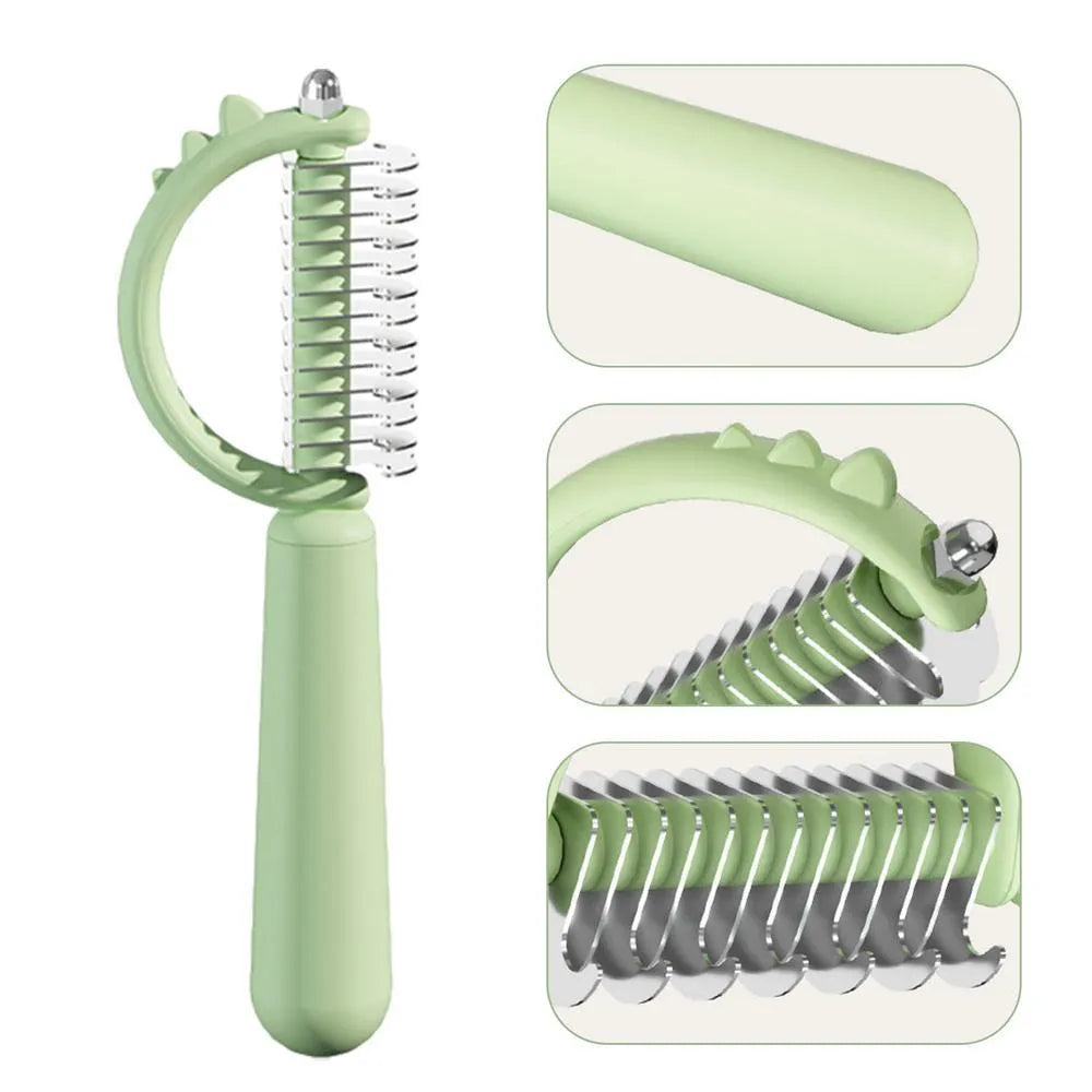 Blue dinosaur-shaped double-sided self-cleaning cat brush for grooming.