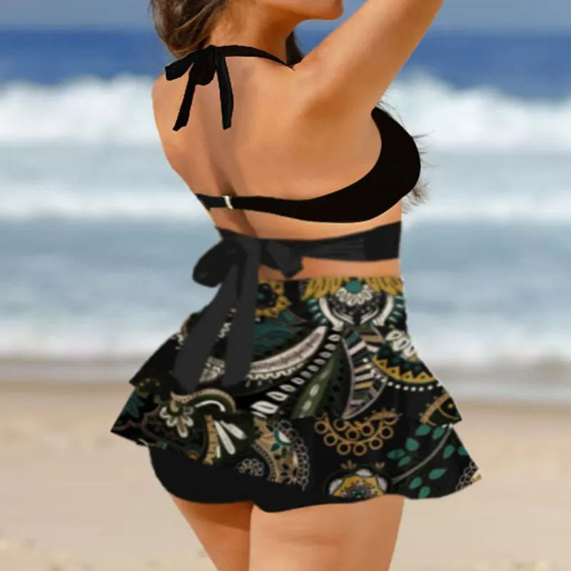 Women's purple high-waisted skirt bikini set with lace-up backless design for swimming