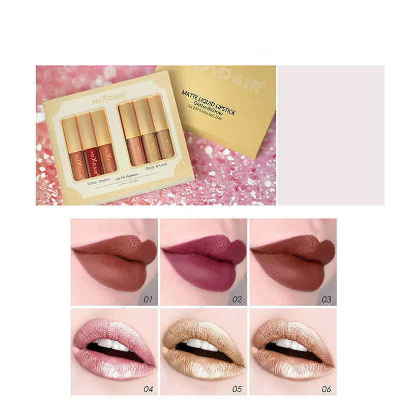 Matte high gloss lip gloss set with mica in colour options A and B, unisex lipstick and gloss