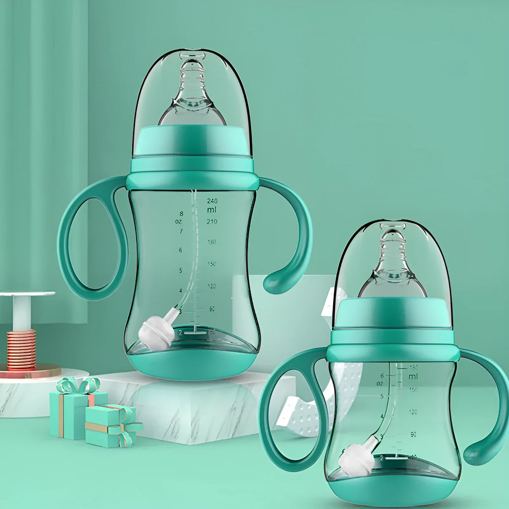 BPA-free PP baby feeding bottle with double handles, wide calibre, 180mL capacity, pink colour