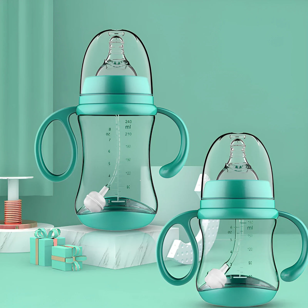 BPA-free PP baby feeding bottle with double handles, wide calibre, 180mL capacity, pink colour