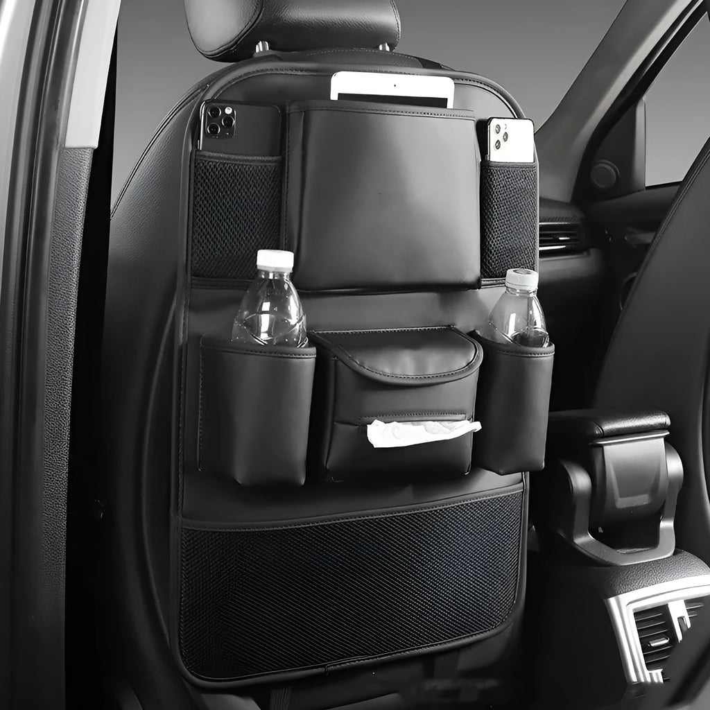 Genuine leather car seat back storage bag in black, grey, green, and brown colour options