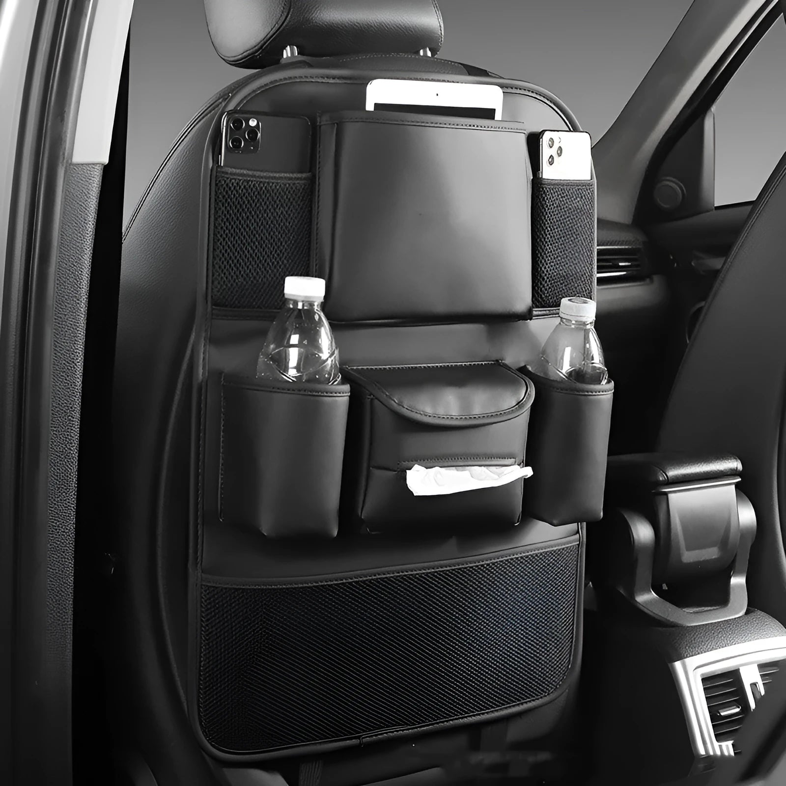Genuine leather car seat back storage bag in black, grey, green, and brown colour options