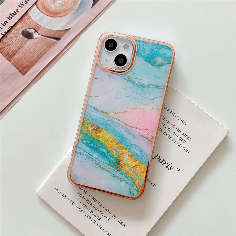 Electroplated marble phone case with mirror finish for iPhone 13-16 Pro Max, TPU PC back cover