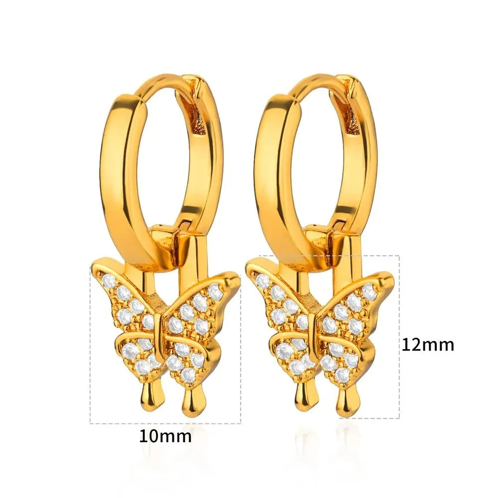 Women's copper butterfly earrings with heart and star geometric details in various colours.