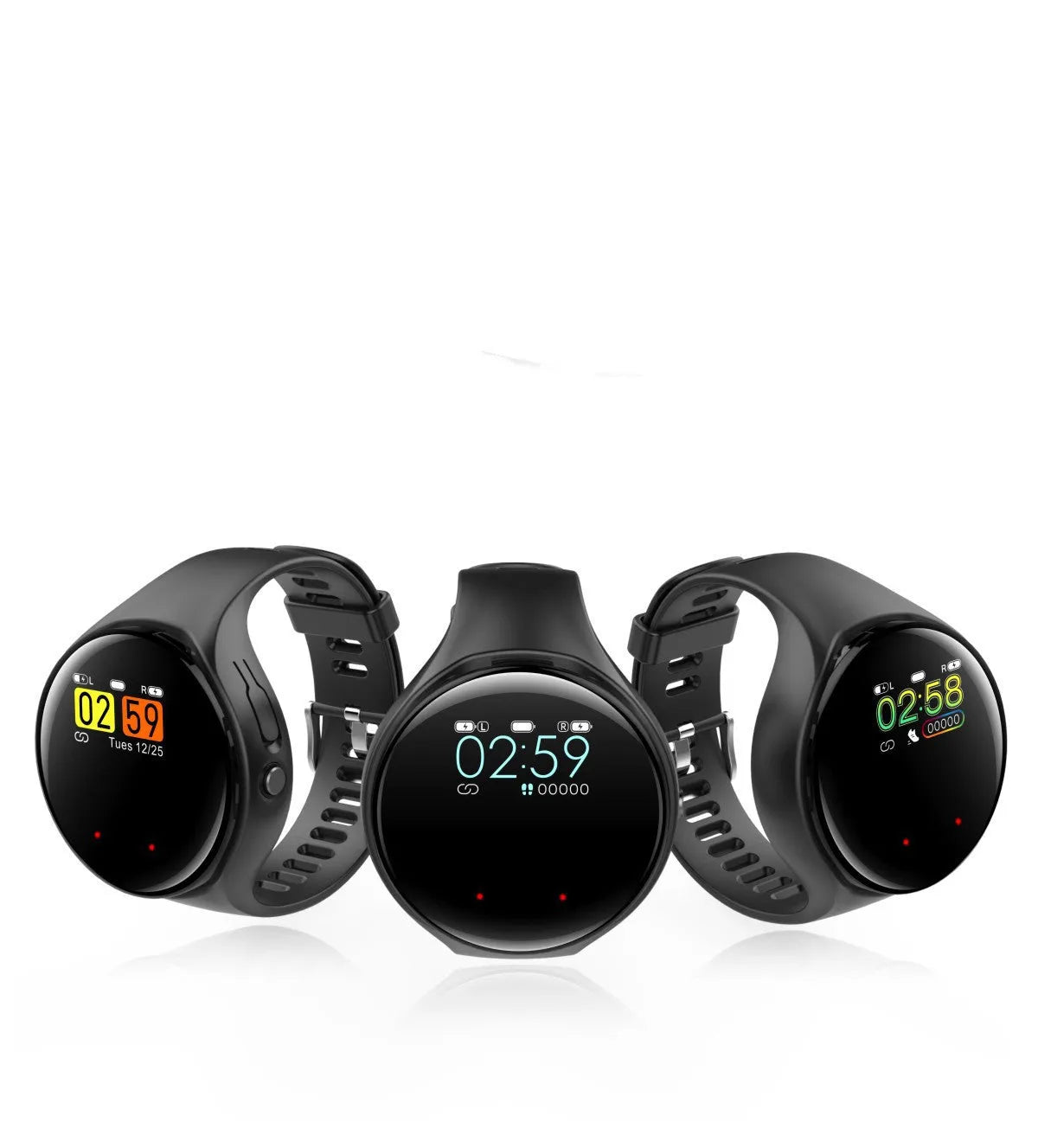 Black smart bracelet with detachable Bluetooth earphones showing colour screen display and heart rate monitoring