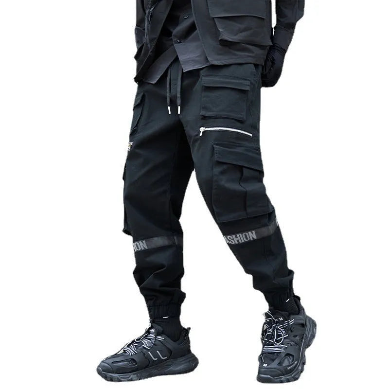Men's loose plus size mechanical style cotton trousers in black, mid-waist, full length