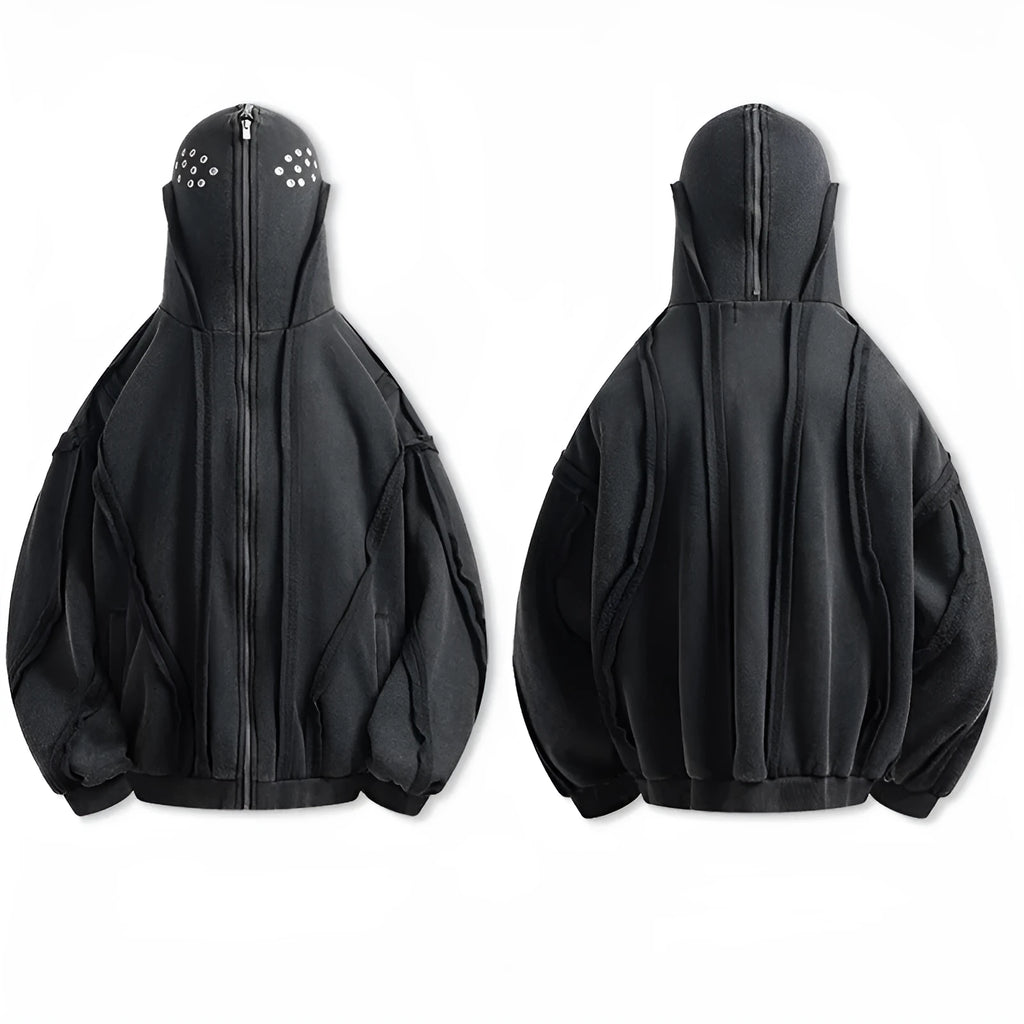 Black men's retro-style loose hooded cardigan coat with zip front and padding