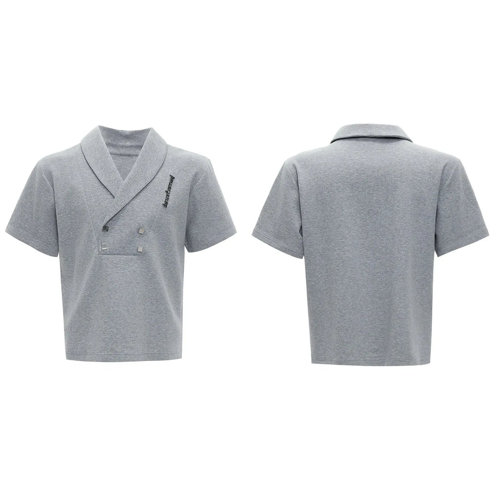 Men's dark grey V-neck cotton sports suit set with padded shoulders, metal embellishments, and matching shorts