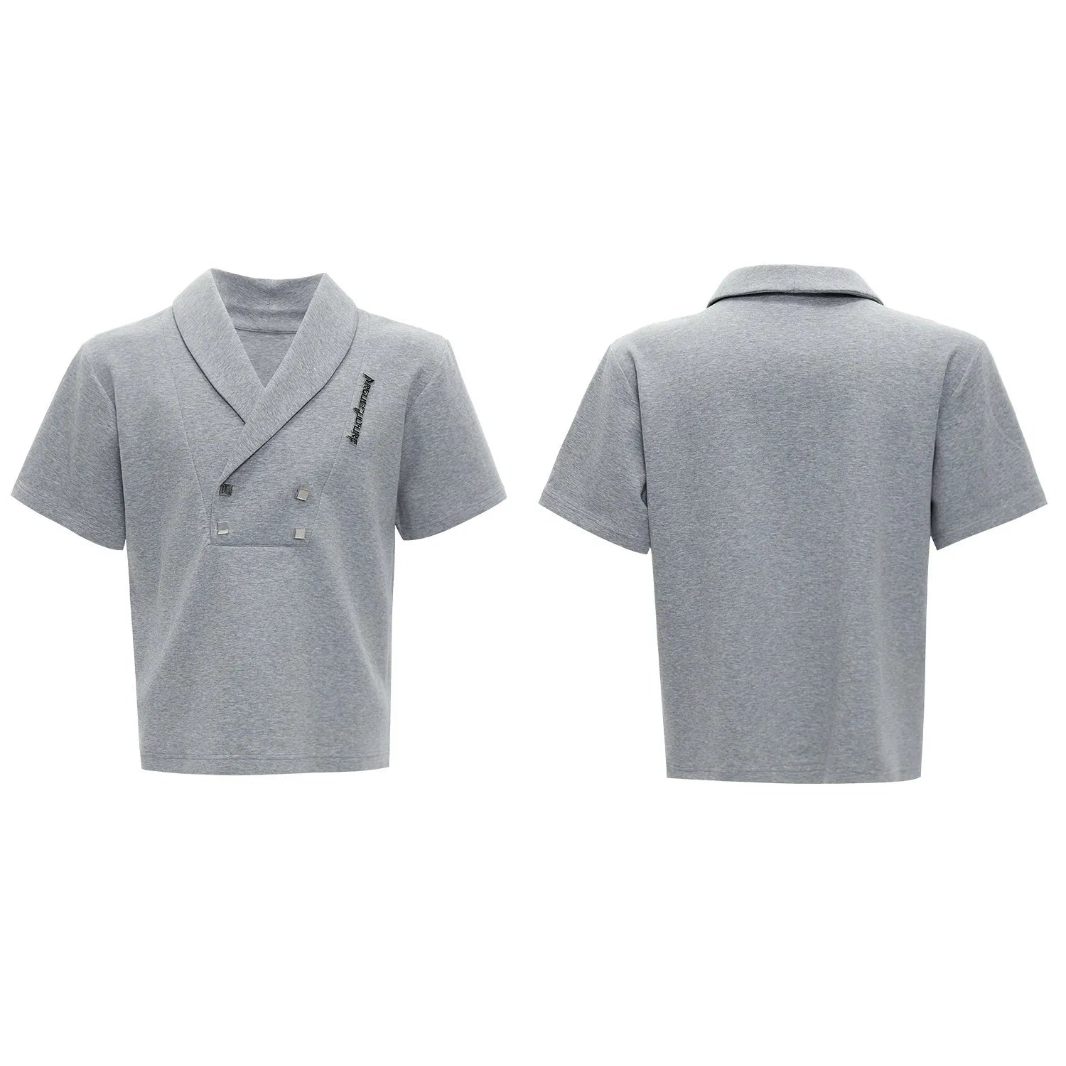 Men's dark grey V-neck cotton sports suit set with padded shoulders, metal embellishments, and matching shorts