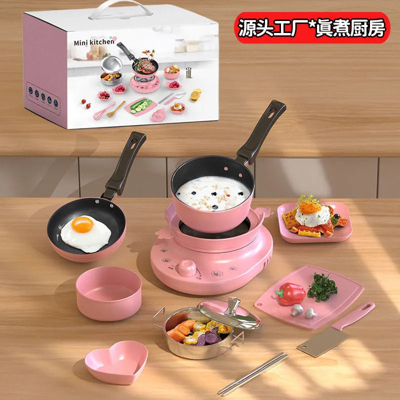 22-piece mini kitchen cooking toy set in pink or blue with gift box packaging and adapter option
