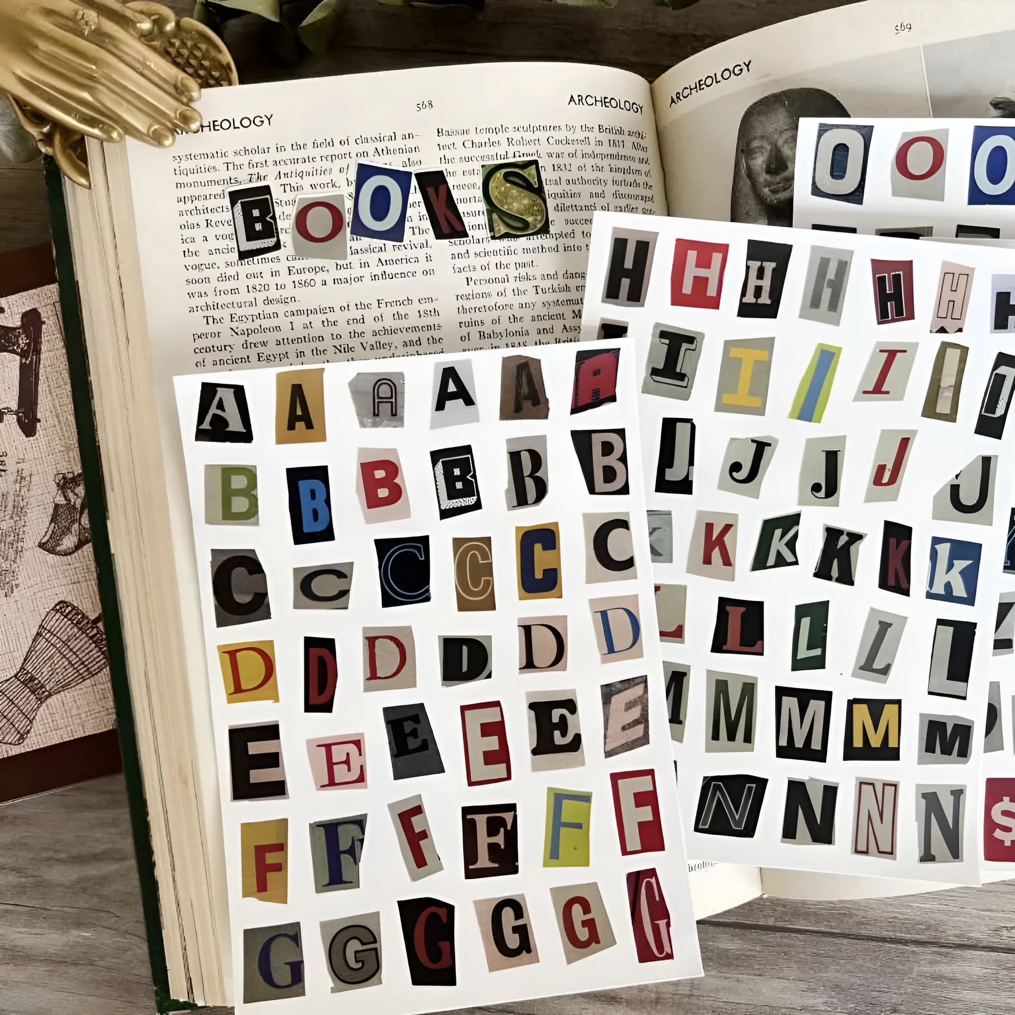 English letters and numbers label sticker sets showing alphabet series A through E with week words in cute style