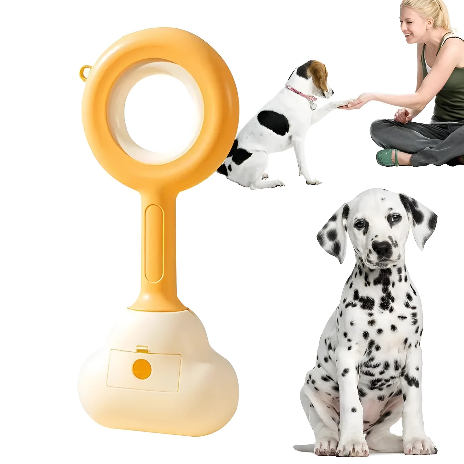 White blue dog pooper scooper with cloud-shaped jaw design on grass