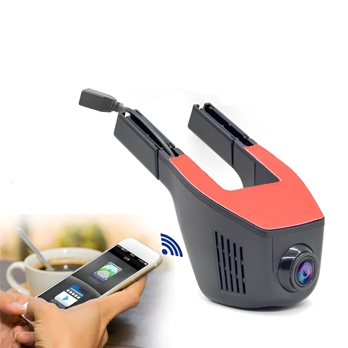 Black HD 1080P WiFi DVR dash cam with 140-degree lens, night vision, and no screen