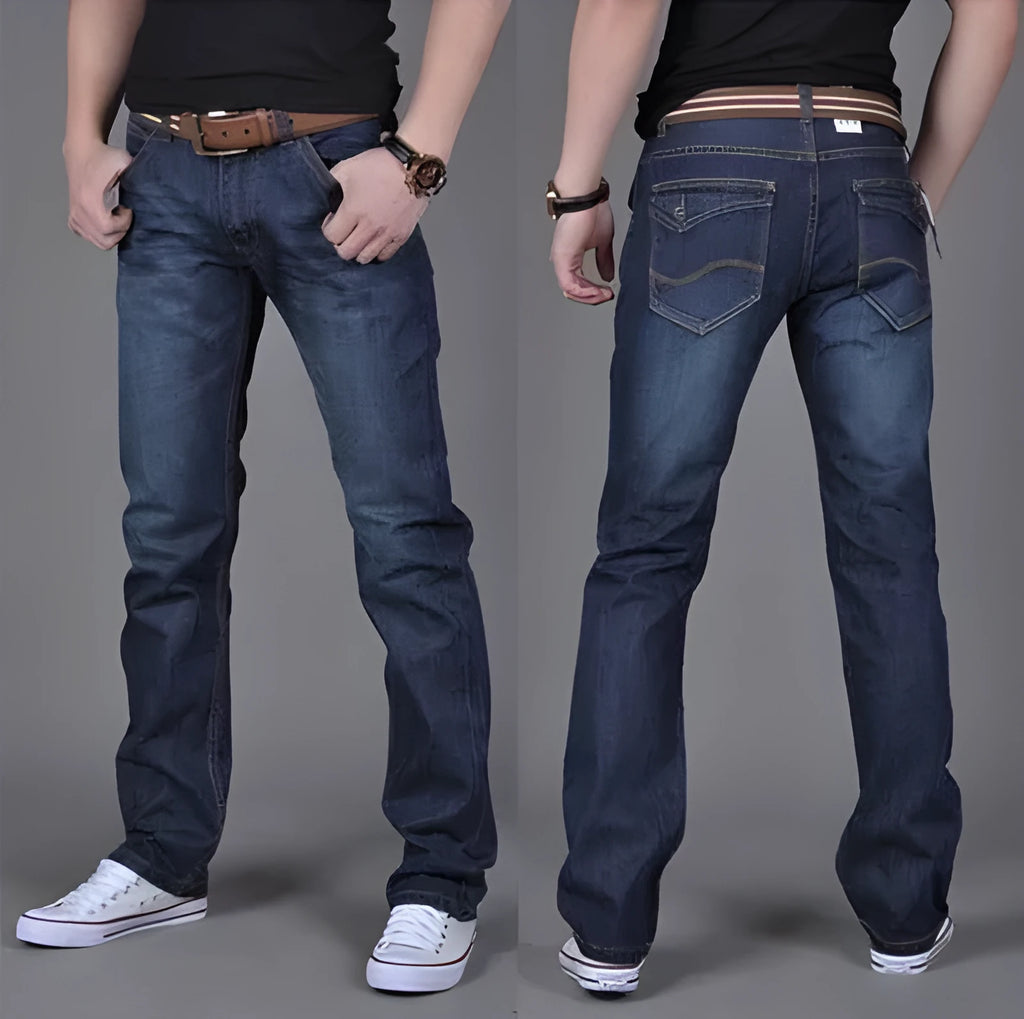 Men's blue denim straight-leg long pants, 75% cotton, full length, sizes 28-38