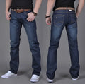Men's blue denim straight-leg long pants, 75% cotton, full length, sizes 28-38