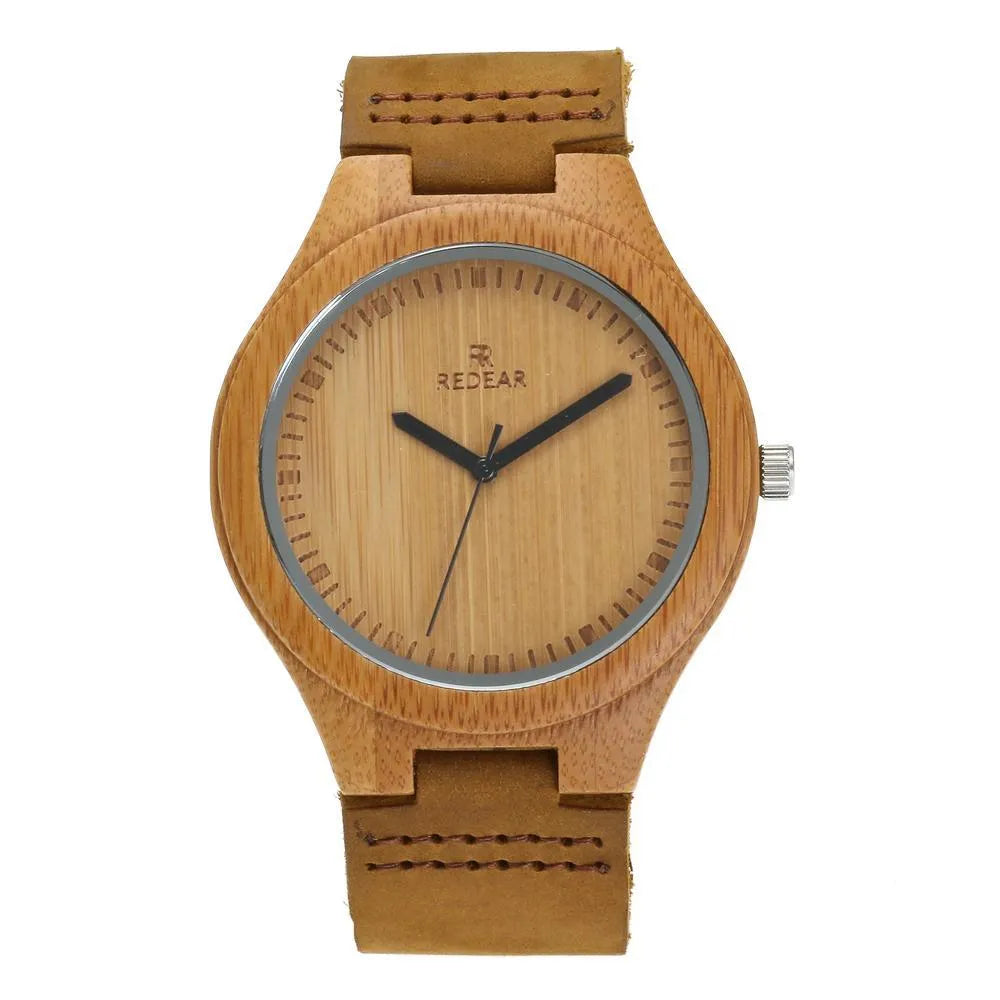 Couples wooden watch with bamboo case, leather strap, round 45mm dial, and mineral glass face