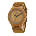 Couples wooden watch with bamboo case, leather strap, round 45mm dial, and mineral glass face